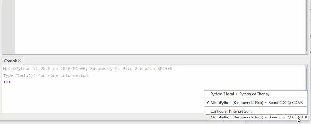 Selection du Raspberry Pi Pico dans Thonny
